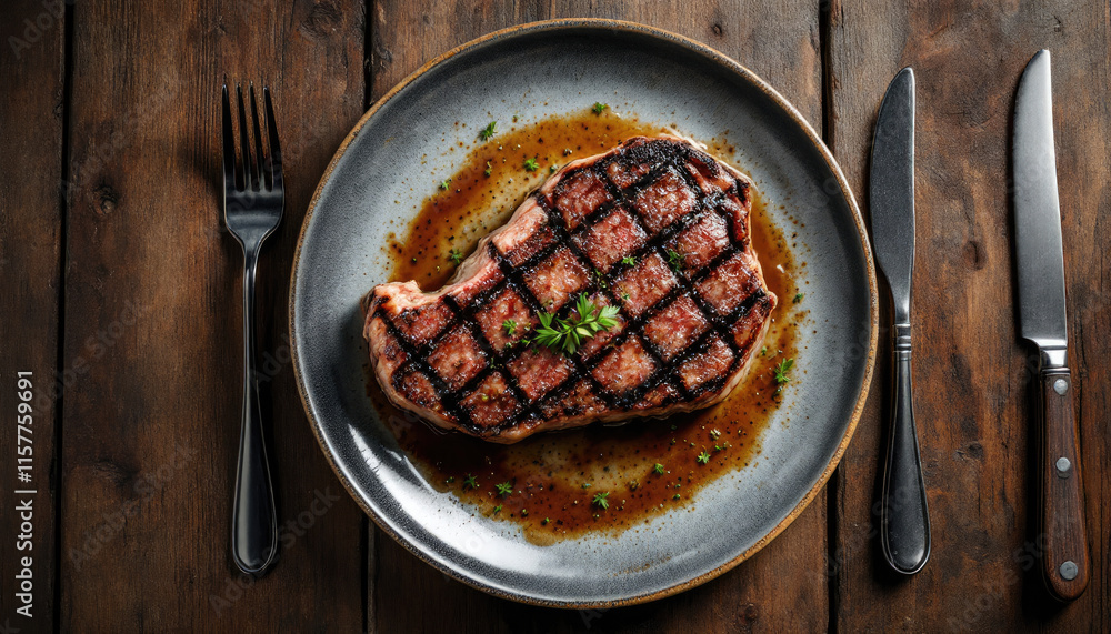 A grilled steak with a dark brown crust and a sprig of parsley sits on a dark blue plate, accompanied by a fork, knife, and a small amount of sauce. A grilled steak with a dark brown crust and a sprig of parsley sits on a dark blue plate, accompanied by a fork, knife, and a small amount of sauce.