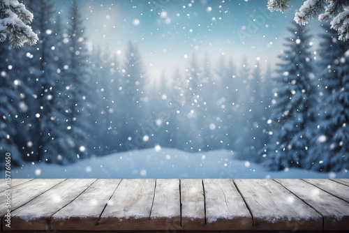 A cozy winter landscape with a wooden table, surrounded by a blanket of snow as flakes gracefully fall from above and frosty fir branches border backdrop, Christmas background with desk, snowflakes