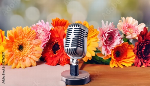 Concepto de Msica y Radio Micrfono Retro Decorado con Flores de Colores para Evento Musical Una Celebracin Vibrante de Sonidos y Estilos photo