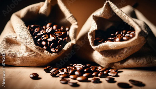 Linen bags with coffee beans. Close up. 