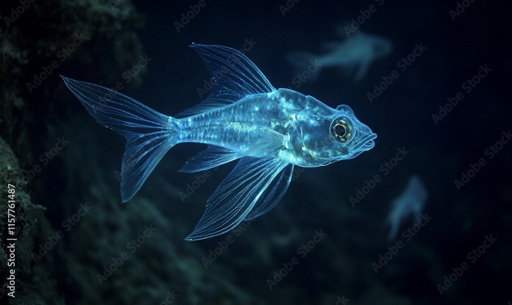 A translucent fish swims gracefully in deep water, showcasing its unique anatomy. A translucent fish swims gracefully in deep water, showcasing its unique anatomy.