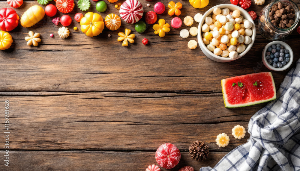 A rustic wooden table displays an assortment of colorful candies, fruits, and nuts, with a slice of watermelon and a blue cloth napkin adding a touch of homeliness. A rustic wooden table displays an assortment of colorful candies, fruits, and nuts, with a slice of watermelon and a blue cloth napkin adding a touch of homeliness.