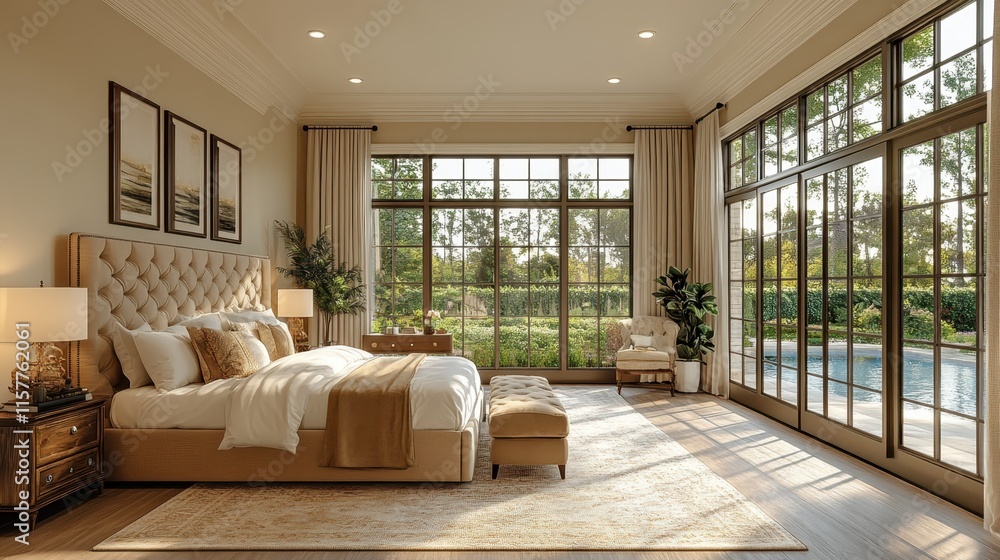 Elegant bedroom design, soft tones, large windows with a scenic view to the lake and mountains Elegant bedroom design, soft tones, large windows with a scenic view to the lake and mountains