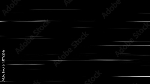 White horizontal anime manga speed lines over black background. Cartoon comic fast motion video.