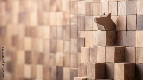 Wooden Animal Sculpture with Blocks on Textured Wooden Background