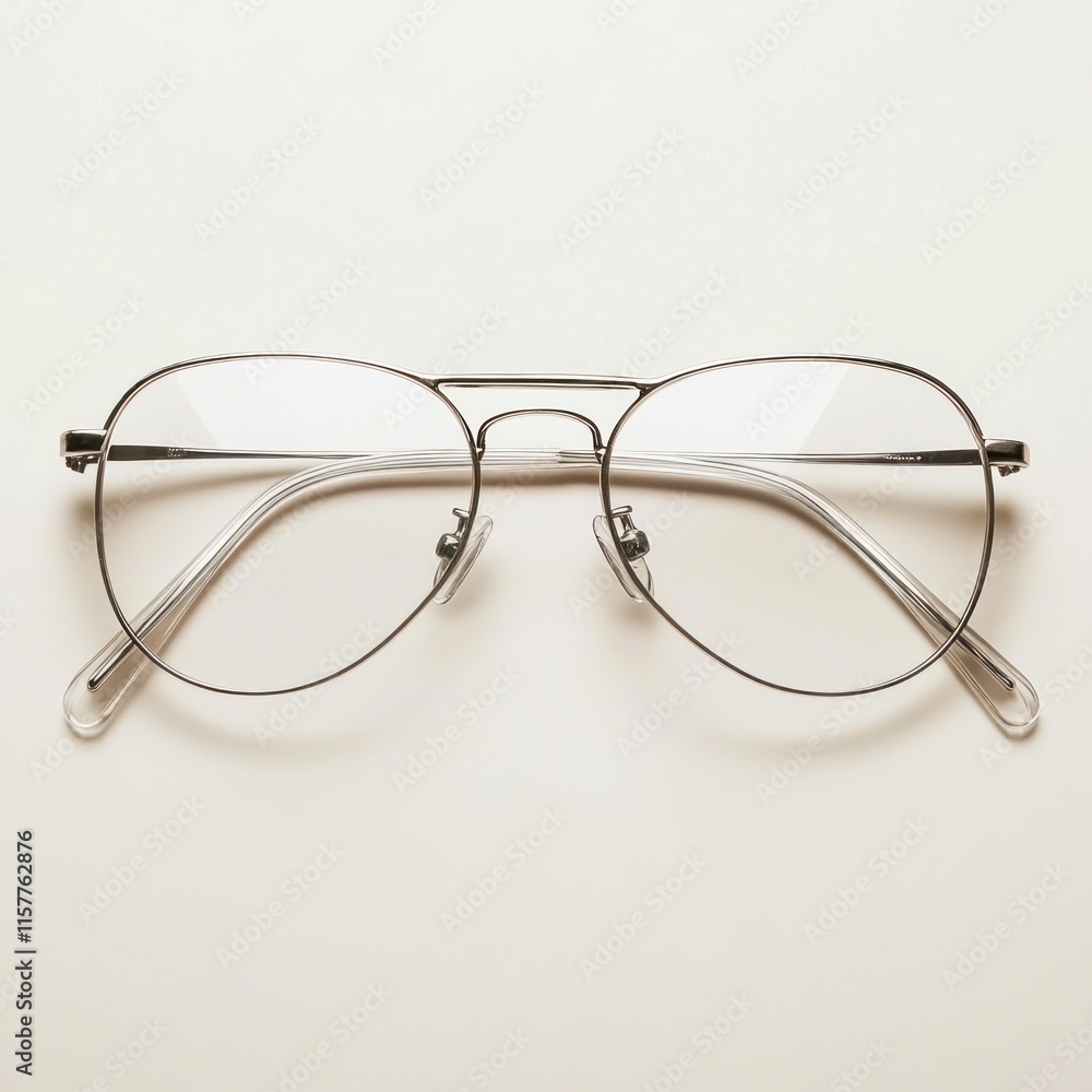 Metal aviator glasses with clear lenses on a beige background. Metal aviator glasses with clear lenses on a beige background.