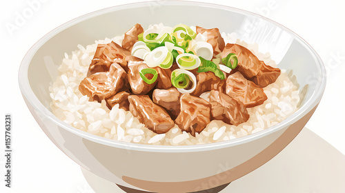 A bowl of rice with meat and onions. Velutinous. Illustration photo