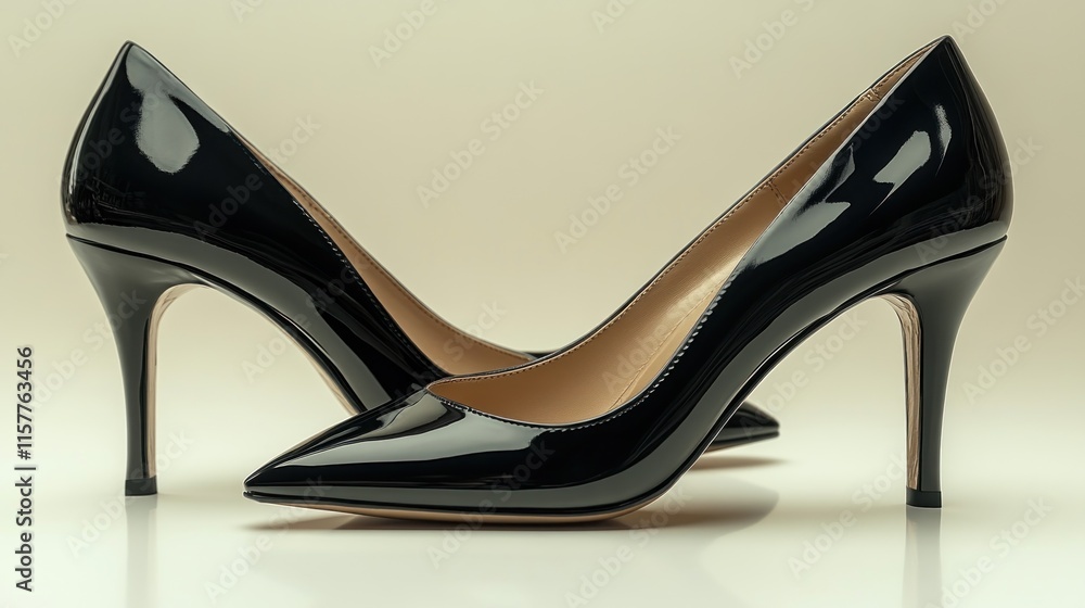 Pair of elegant black patent leather high heels on white background. (3) Pair of elegant black patent leather high heels on white background. (3)