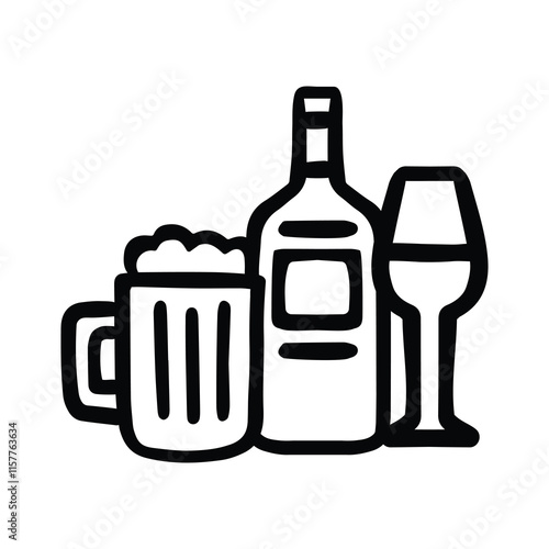 Hand drawn alcoholic drinks with wine and beer Icon Hand Drawn Black - White Thick Lines
