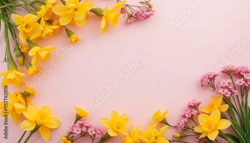 Vibrant Yellow Daffodils Pink Blossoms Soft Background