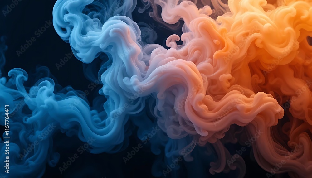Fototapeta premium Vibrant Blue and Orange Smoke Steam on Black Background with Fog Texture
