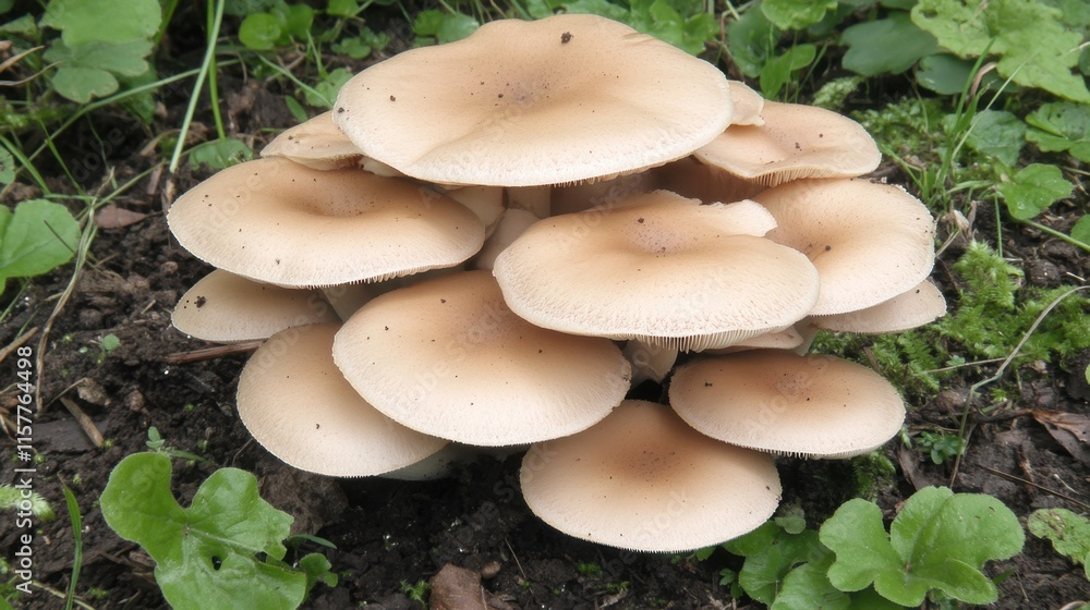 Fototapeta premium Close-up View of Brown Mushrooms Growing on Forest Floor with Greenery