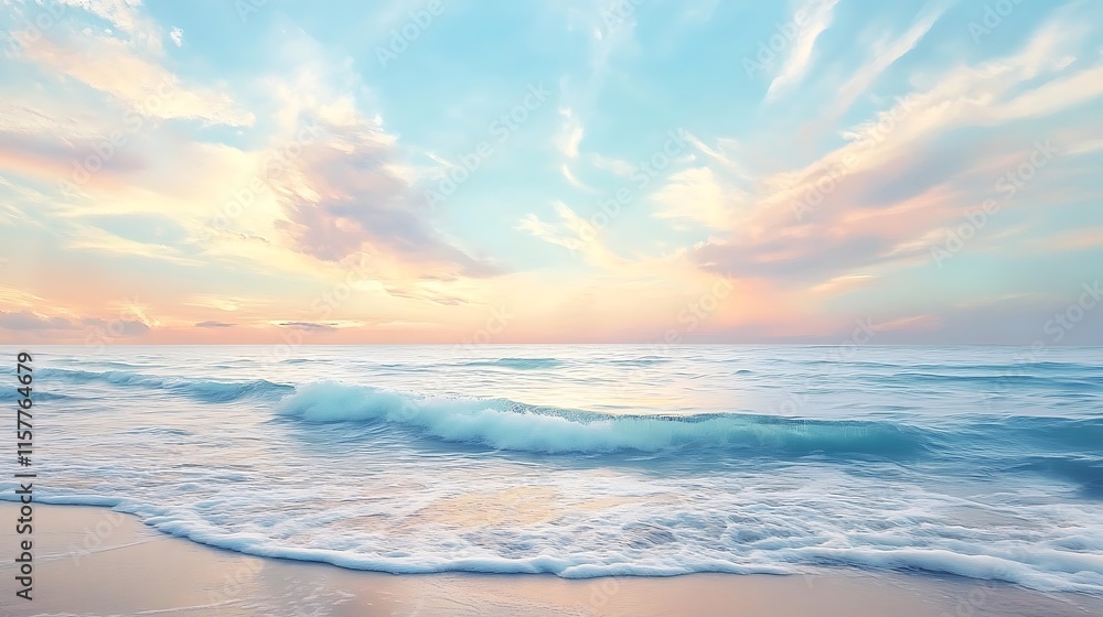 Fototapeta premium Serene Pastel Sunrise: Wide Shot Photo of Gently Crashing Ocean Waves. AI Generated