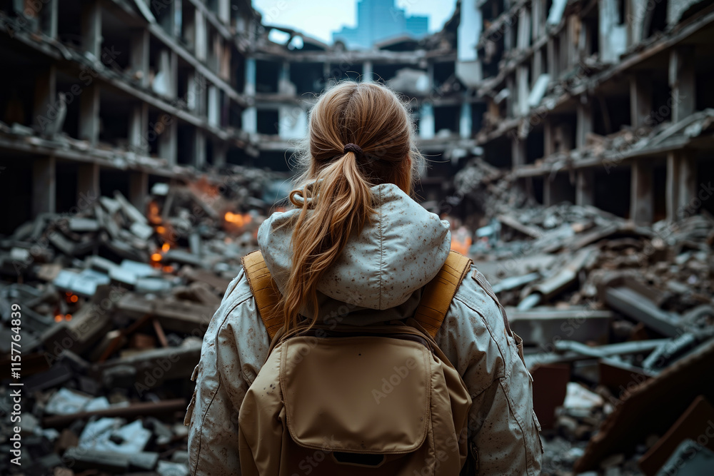 Obraz premium A woman with a backpack standing in front of a destroyed building