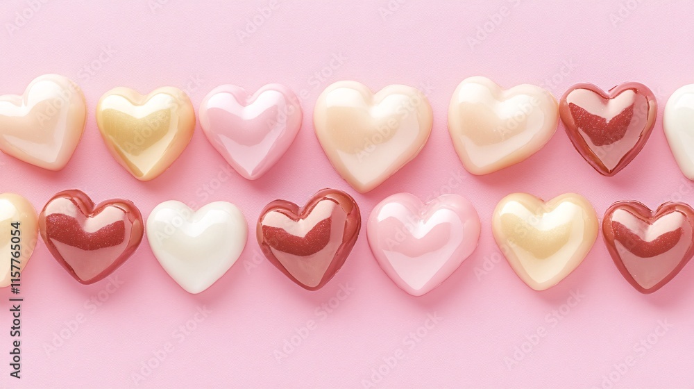 Fototapeta premium Colorful heart-shaped candies arranged neatly on a soft pink background.