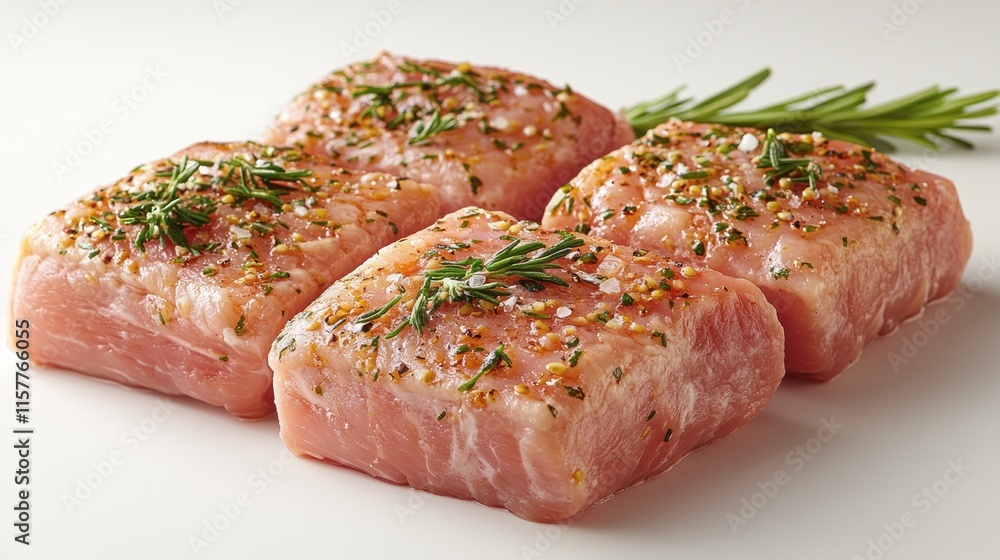 Four marinated pork tenderloin medallions seasoned with herbs and spices, ready for cooking. Four marinated pork tenderloin medallions seasoned with herbs and spices, ready for cooking.