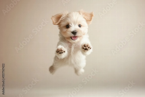 Joyful puppy jumps playfully in mid air with plenty of space for text and mock up. Generative AI photo