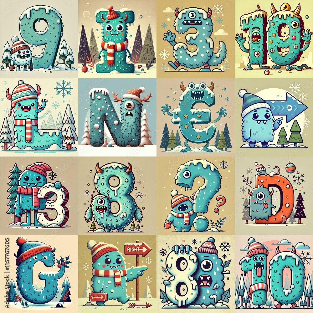 Obraz premium Cartoon Winter Monsters Lettering Typeface. AI generated illustration