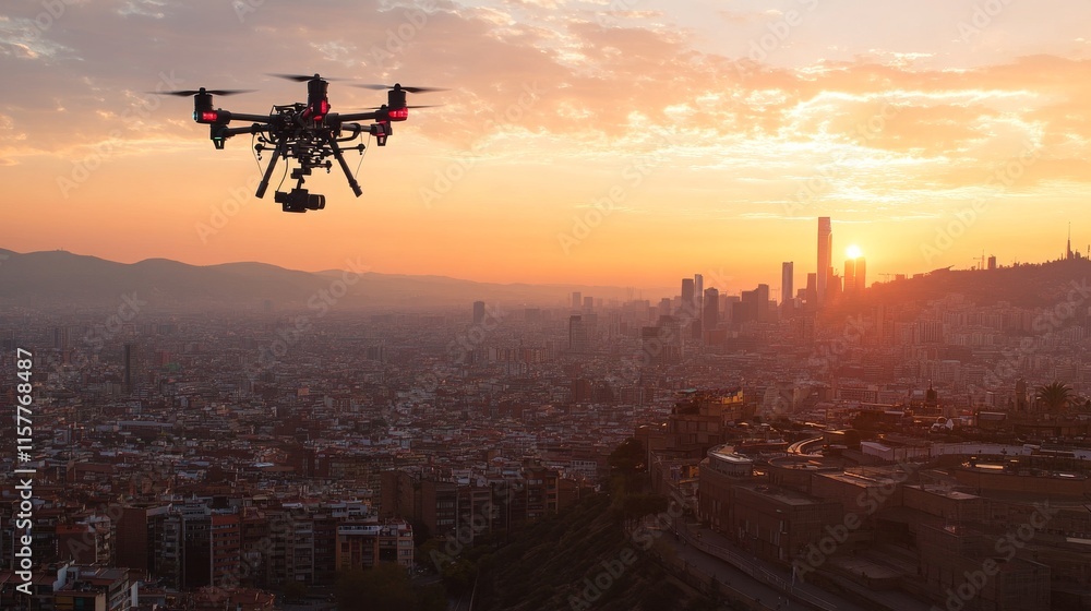 Aerial view of cityscape at sunset with drone flying over urban landscape showcasing buildings, mountains, and vibrant sky in Barcelona, Spain Aerial view of cityscape at sunset with drone flying over urban landscape showcasing buildings, mountains, and vibrant sky in Barcelona, Spain
