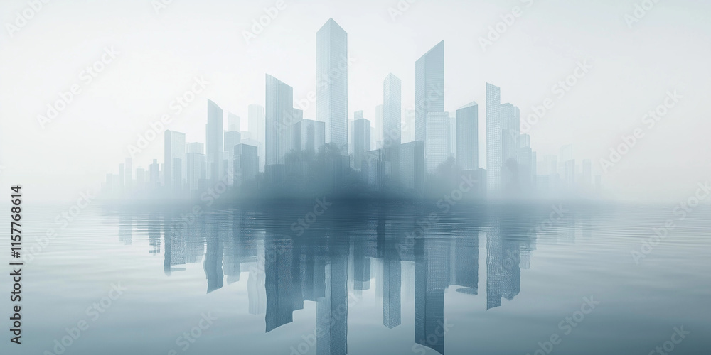 Obraz premium An abstract minimalist business background featuring a skyline of tall, glass buildings reflected in calm water under a foggy atmosphere