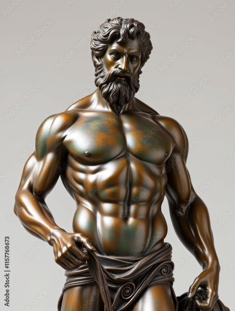 This bronze statue depicts Hercules with remarkable detail, emphasizing his muscular physique and powerful presence in an art exhibition setting This bronze statue depicts Hercules with remarkable detail, emphasizing his muscular physique and powerful presence in an art exhibition setting