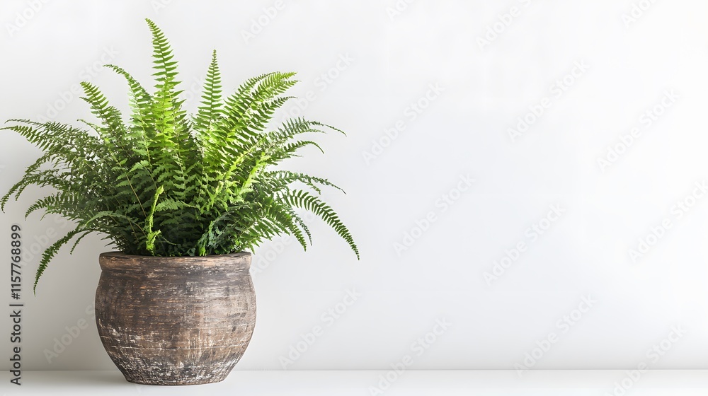 A lush green fern plant in a rustic brown pot sits on a white surface against a minimalist white background. The image evokes feelings of serenity and natural beauty. A lush green fern plant in a rustic brown pot sits on a white surface against a minimalist white background. The image evokes feelings of serenity and natural beauty.