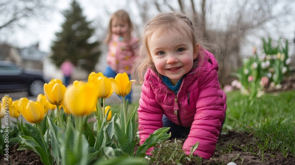 young kid, a girl crawling on grass ground with yellow tulip blooming at nature park young kid, a girl crawling on grass ground with yellow tulip blooming at nature park