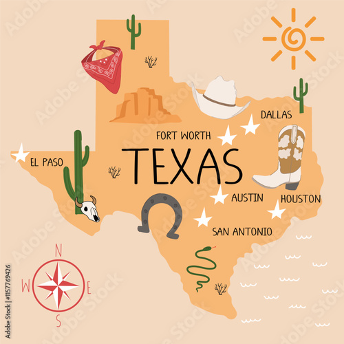 A cute illustrated map of Texas. A western USA state with doodle elements, pants, animals, cities