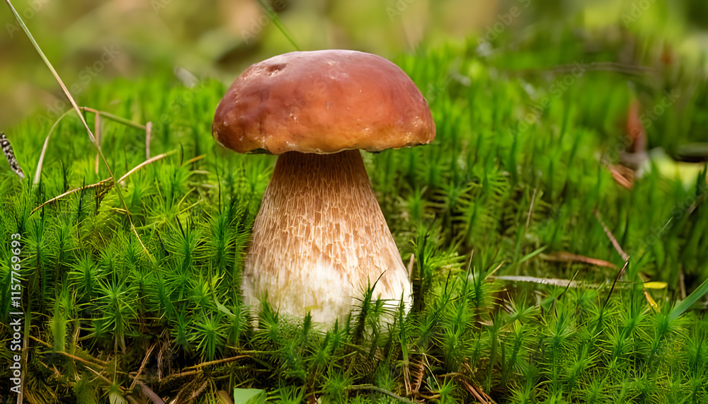 Close up view of a beautiful boletus edulis growing in its natural environment, surrounded by vibrant green moss Close up view of a beautiful boletus edulis growing in its natural environment, surrounded by vibrant green moss