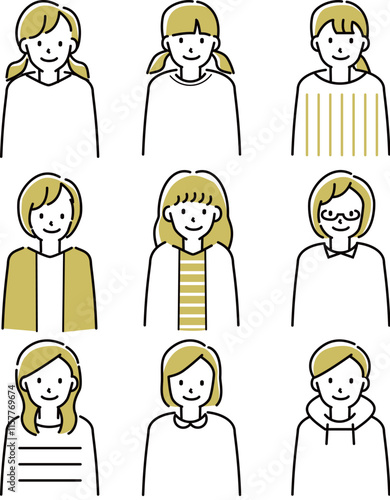 定番　伝わる 人物イラスト　女の子9人10代から30代