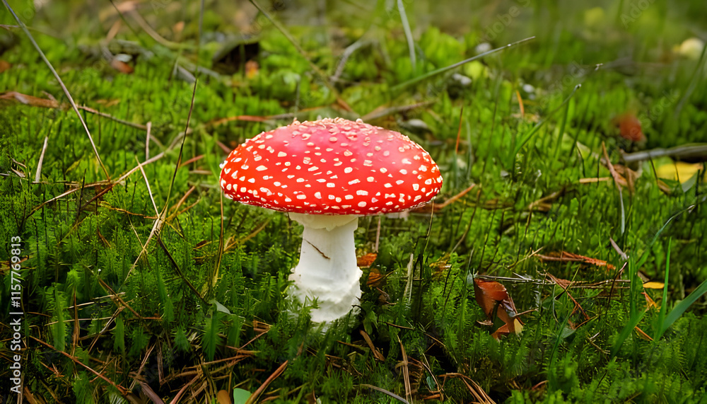 Poisonous red and white fly agaric mushroom emerging through fallen leaves, highlighting woodland autumn palette and fungal vibrancy