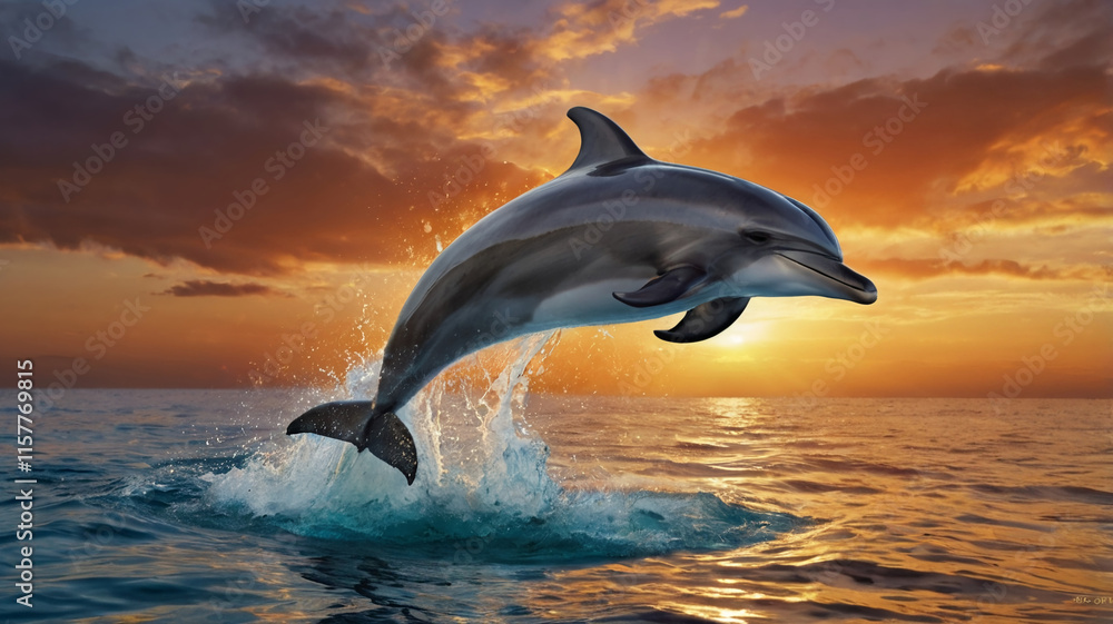 Fototapeta premium Ocean Sunset with Dolphin Jumping