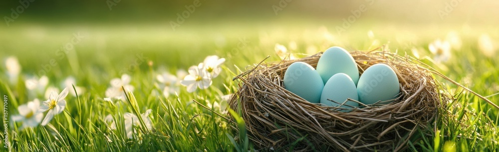 In a serene nest, vibrant pastel eggs symbolize new beginnings and the joy of Easter, surrounded by blooming flowers in a lively meadow full of life, happiness, and natural beauty In a serene nest, vibrant pastel eggs symbolize new beginnings and the joy of Easter, surrounded by blooming flowers in a lively meadow full of life, happiness, and natural beauty