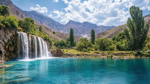 Breathtaking Mountain Waterfall and Turquoise Lake Landscape