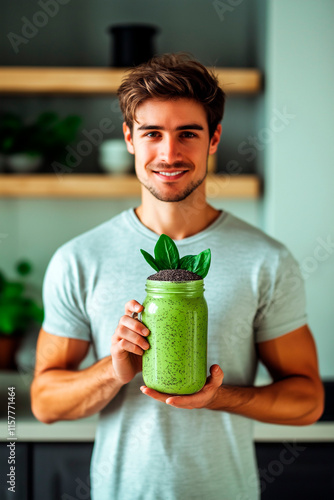 Smiling man holding a green smoothie jar with spinach and chia seeds, promoting a healthy and active lifestyle in a modern kitchen setting