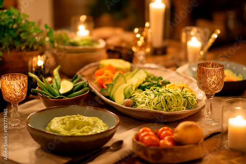 Cozy dinner table with fresh vegetables, zucchini noodles, guacamole, and candles creating a warm and inviting atmosphere for a healthy meal