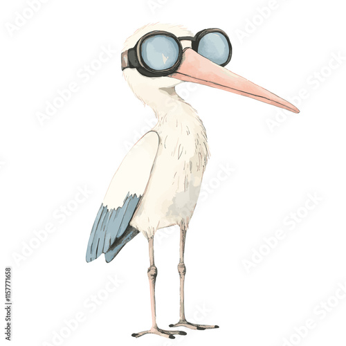 snorkel Stork with goggles, watercolor, hand drawn, kawaii, muted color tones, faint colors