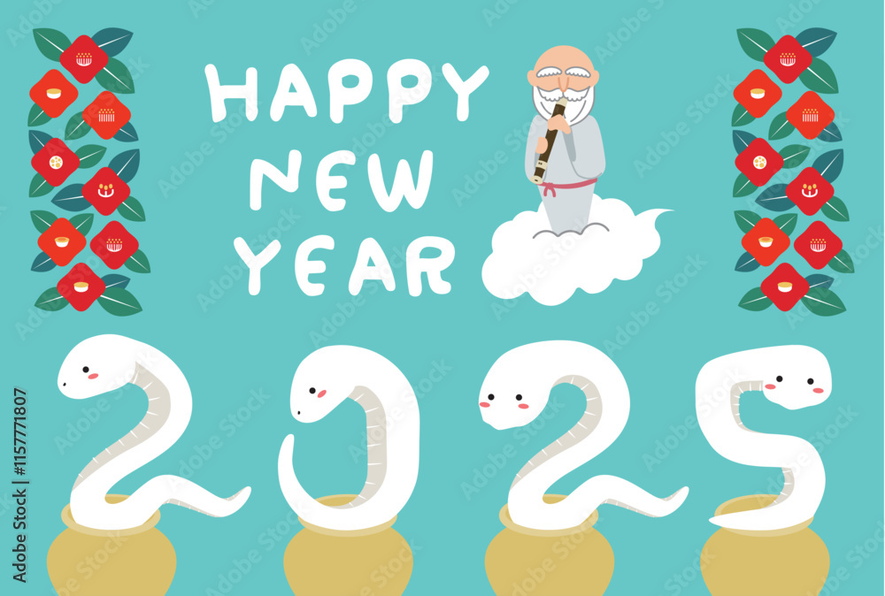 Naklejka premium 2025年年賀状Happy New Year 笛を吹いた神様と壺から白蛇 水色