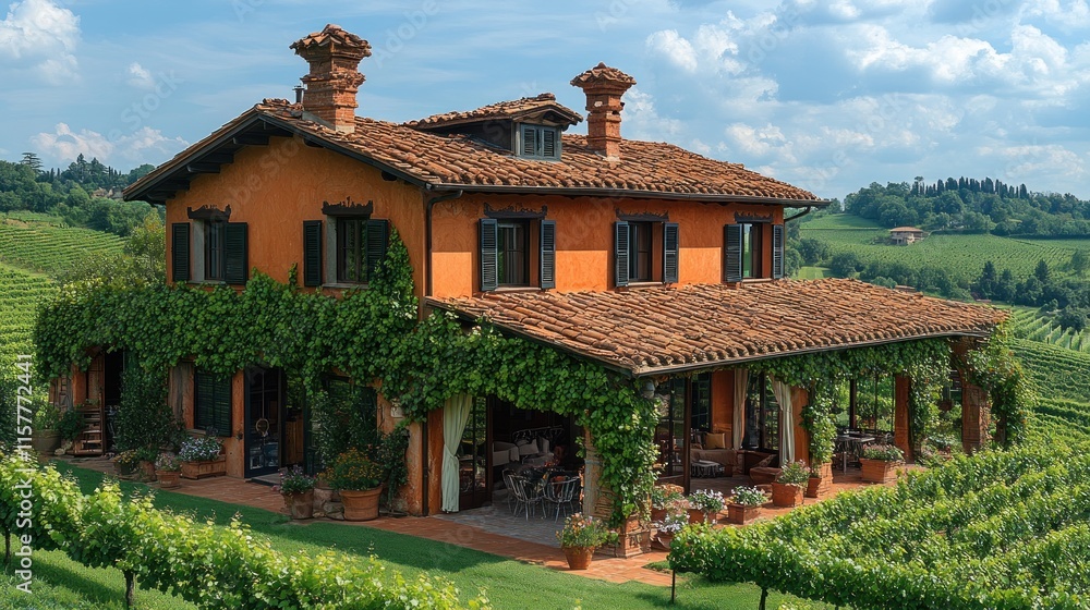 Orange villa nestled in vineyard, sunny day. Orange villa nestled in vineyard, sunny day.