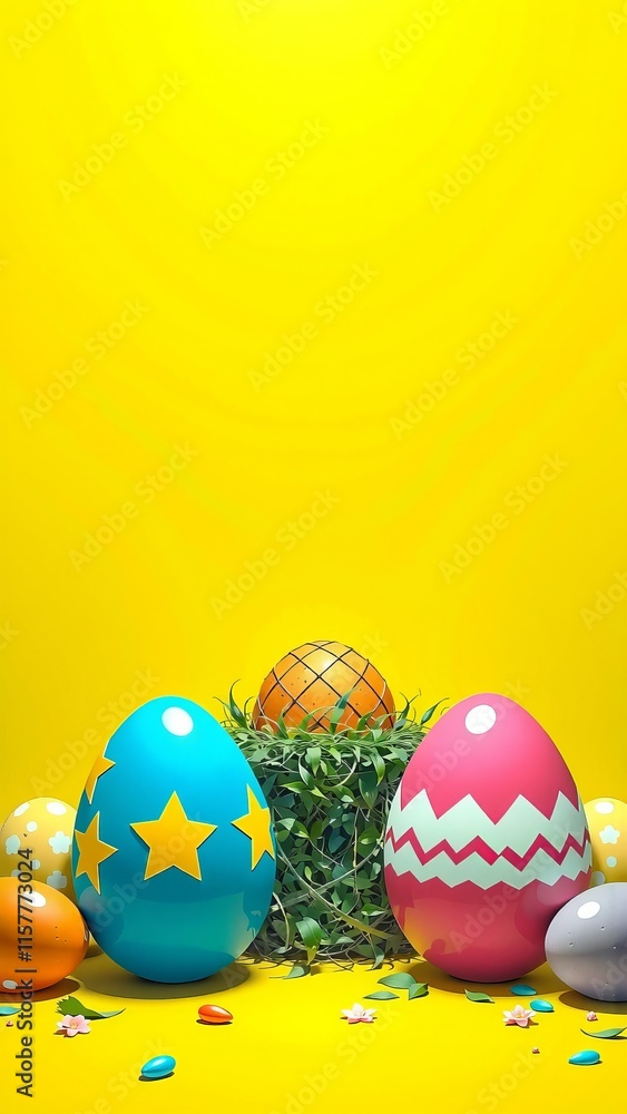 Fototapeta premium Colorful easter eggs with patterns on bright yellow background