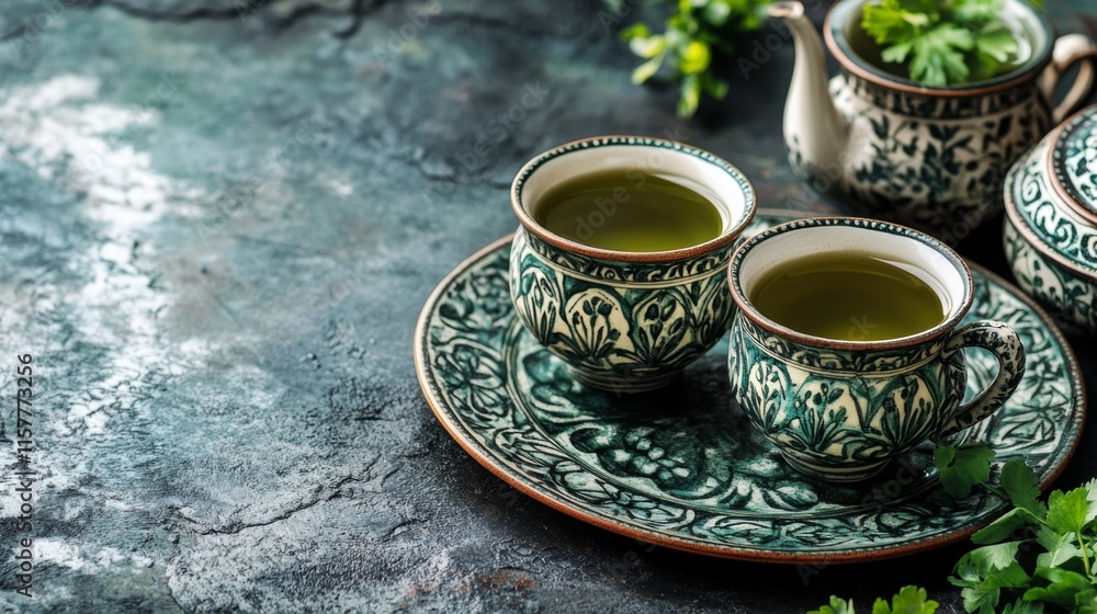 Fototapeta premium Delicate Green Tea Cups on Dark Background