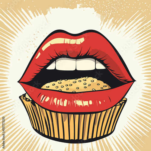 Wallpaper Mural Colorful Pop Art Female Mouth Holding Sweet Muffin, Isolated on White Background Torontodigital.ca