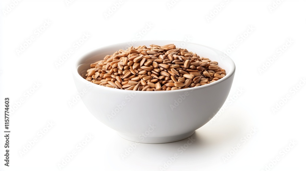 A bowl filled with sunflower seeds is isolated on a white background. A bowl filled with sunflower seeds is isolated on a white background.