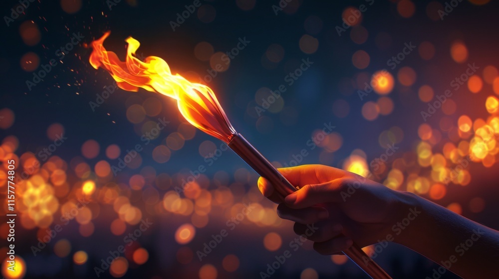Close-up of a hand holding a flaming torch against a sparkling blue and gold backdrop, symbolizing hope, energy, and celebration. Close-up of a hand holding a flaming torch against a sparkling blue and gold backdrop, symbolizing hope, energy, and celebration.