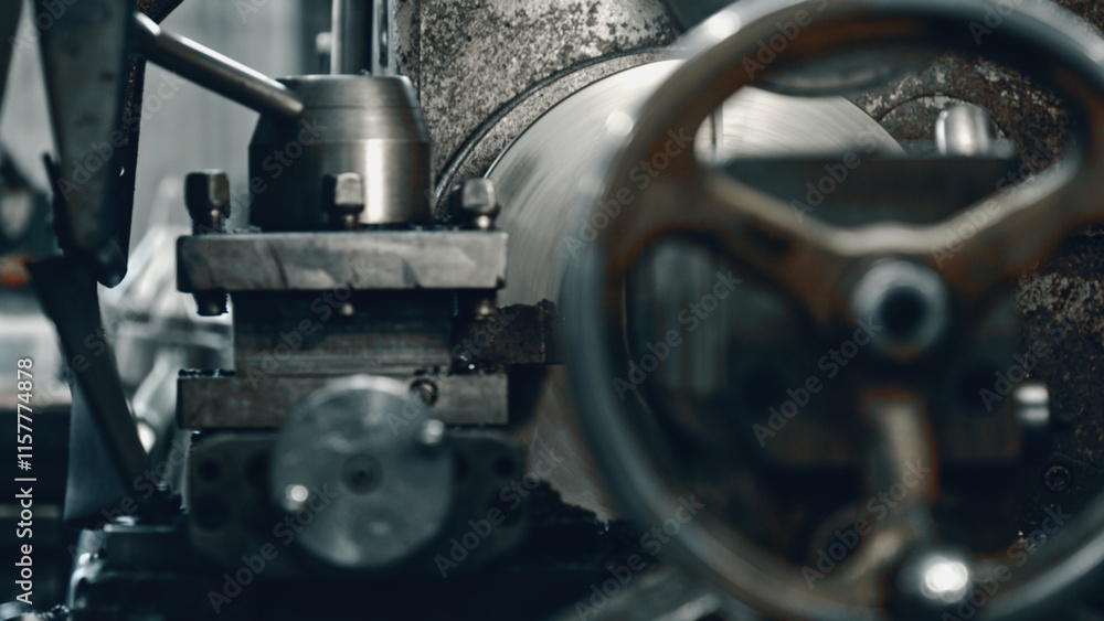 Close up view of a metal lathe expertly shaping a metal workpiece, highlighting the intricate precision and complexity involved in industrial metalworking processes Close up view of a metal lathe expertly shaping a metal workpiece, highlighting the intricate precision and complexity involved in industrial metalworking processes