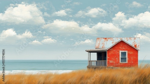 Rustic red beach house on dune, ocean view.
