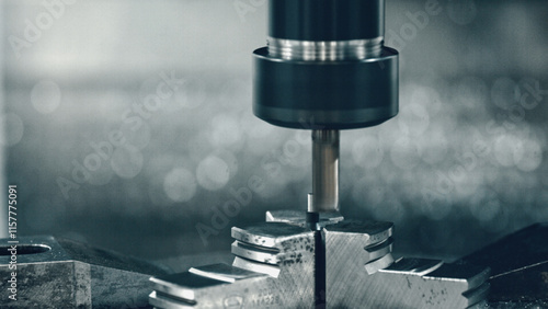 Modern cnc machine processing a metal detail in a factory setting, showcasing an industrial metalworking machining process with flying shavings produced by a milling cutter photo