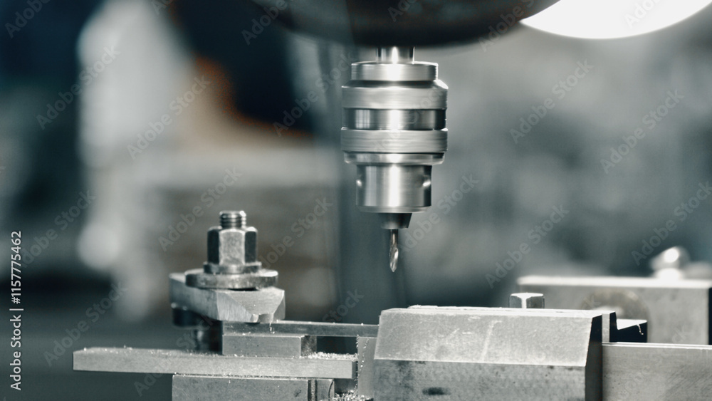 Close up view of an industrial drill press perforating a metal component in a factory, highlighting the precision and automation integral to the modern manufacturing process Close up view of an industrial drill press perforating a metal component in a factory, highlighting the precision and automation integral to the modern manufacturing process