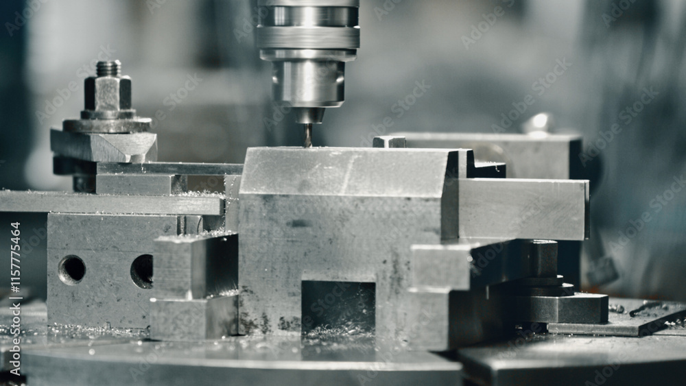 Close up of industrial drill press making precise hole in metal workpiece, showcasing manufacturing process with metal shavings and precision machinery Close up of industrial drill press making precise hole in metal workpiece, showcasing manufacturing process with metal shavings and precision machinery