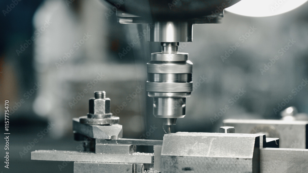 Industrial drill press rapidly perforating a metal component within a manufacturing facility, showcasing precision engineering and automated production processes Industrial drill press rapidly perforating a metal component within a manufacturing facility, showcasing precision engineering and automated production processes